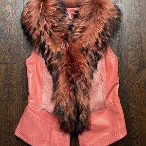 NWOT Pink Leather Vest Real Fox Fur XS size